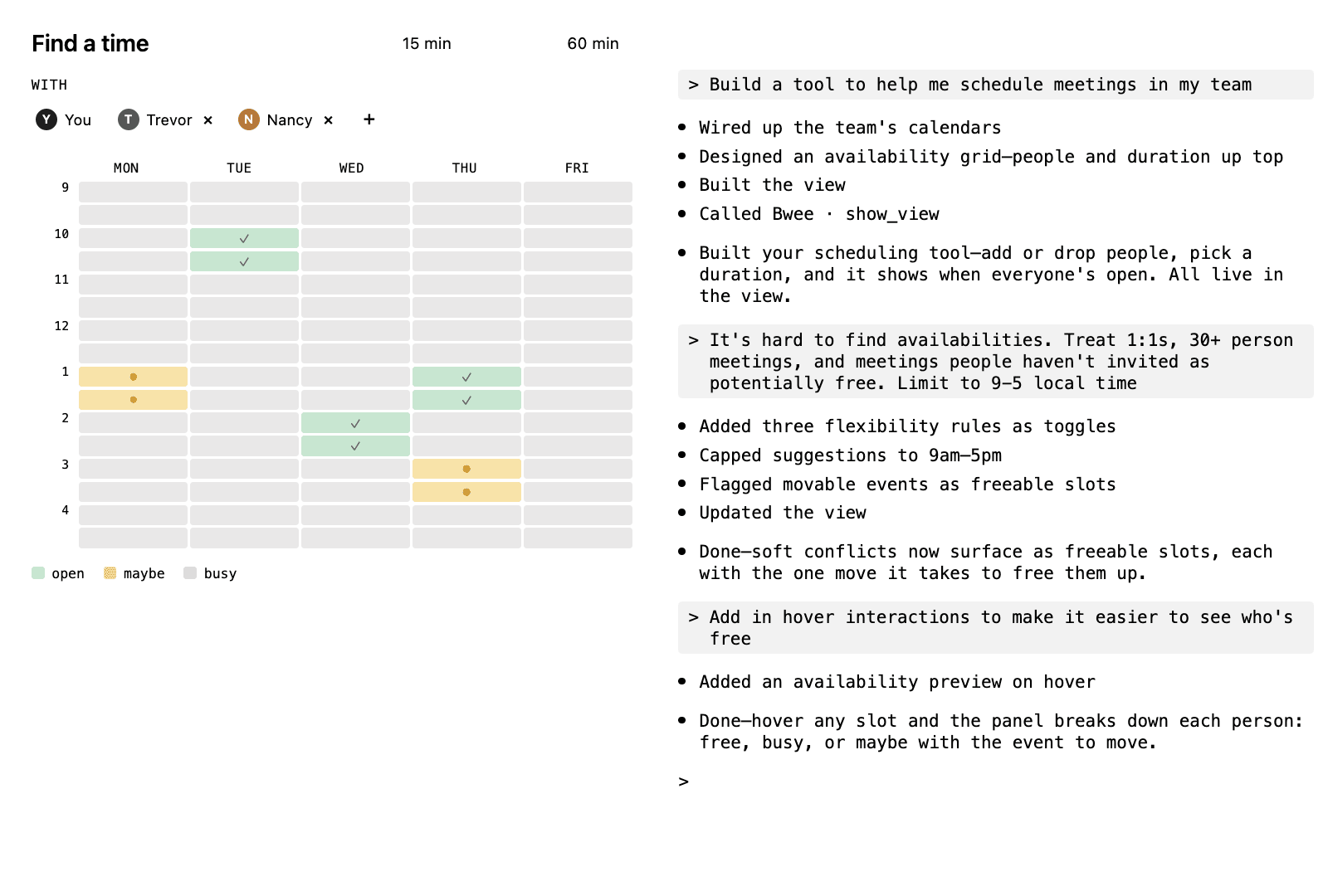 Claude Code meeting scheduler, cross-calendar availability grid with candidate slots