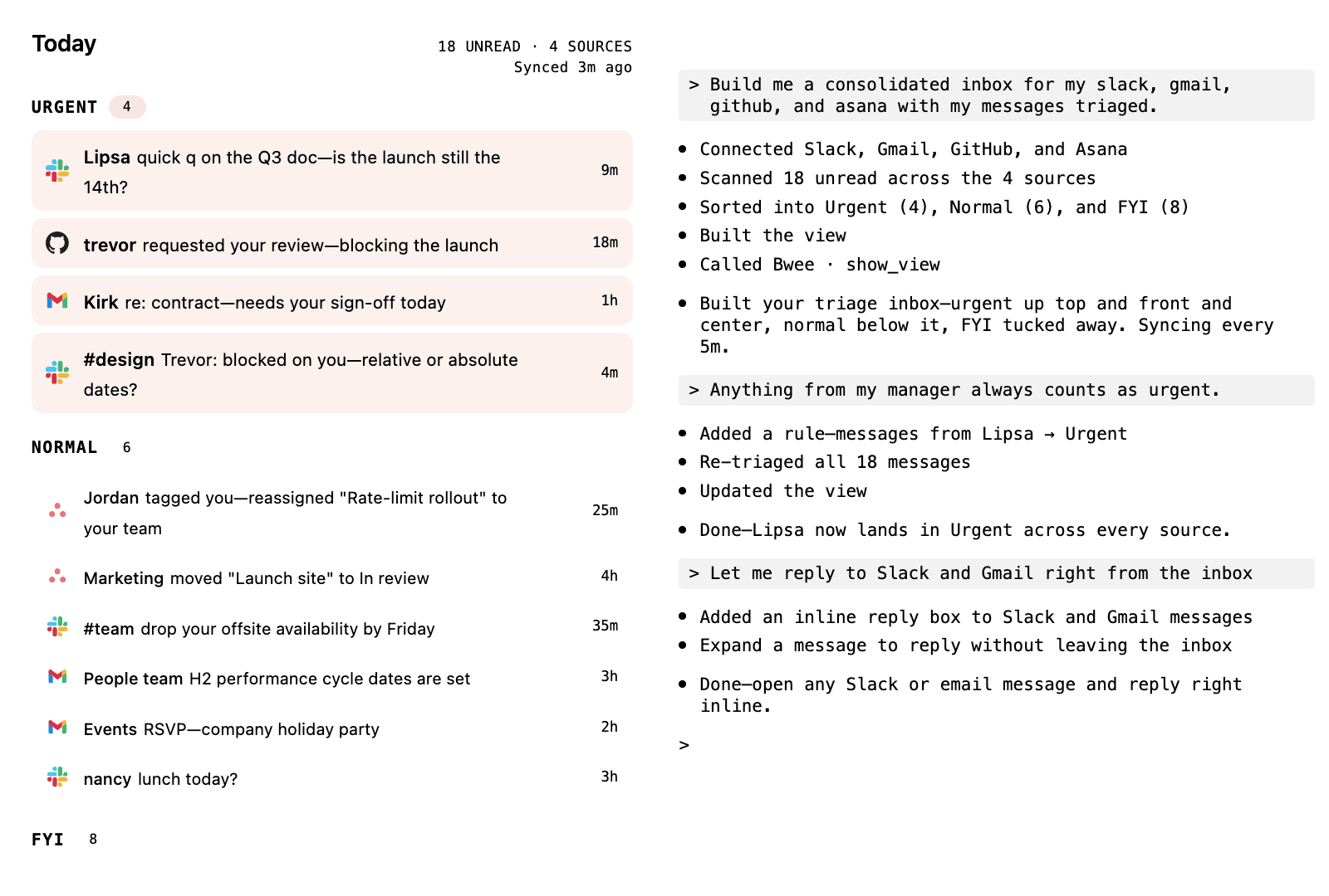 Claude Code inbox triage: Slack, Gmail, and GitHub sorted Urgent, Normal, FYI