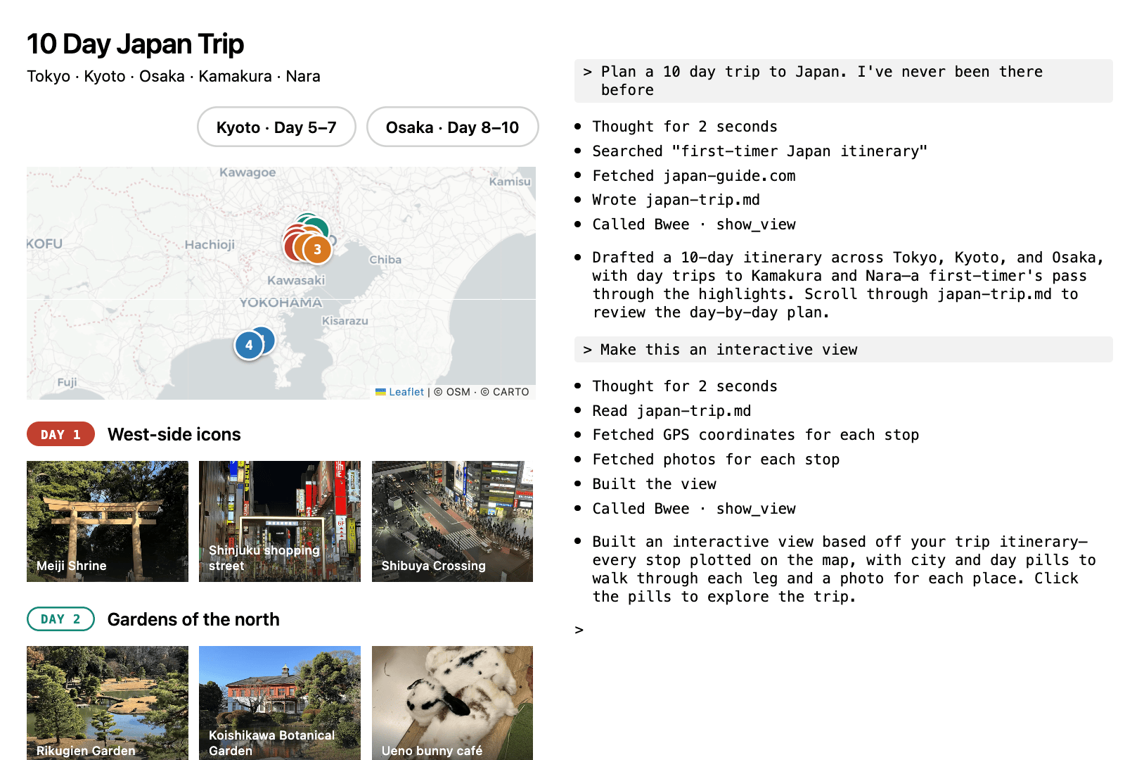 Claude Code trip planner, Japan itinerary with a mapped day-by-day route