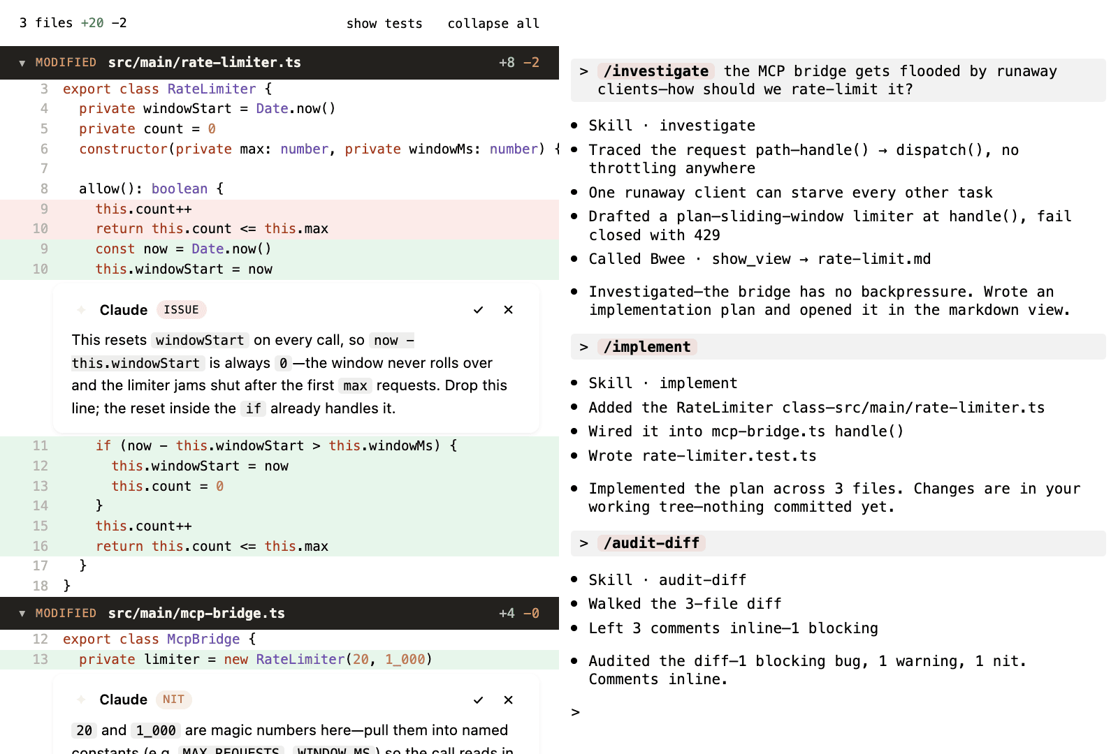 Claude Code review UI, inline issues anchored to a working-tree diff